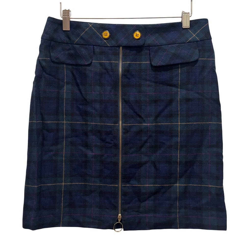J.McLaughlin Wool Plaid Pencil Skirt Womens 8 Blue Green Zip Front Academia Prep